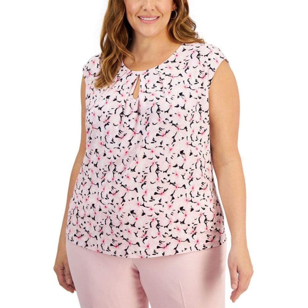 Kasper Womens Plus Size Floral-Print Keyhole Top 1X Tutu Pink - NWT $59